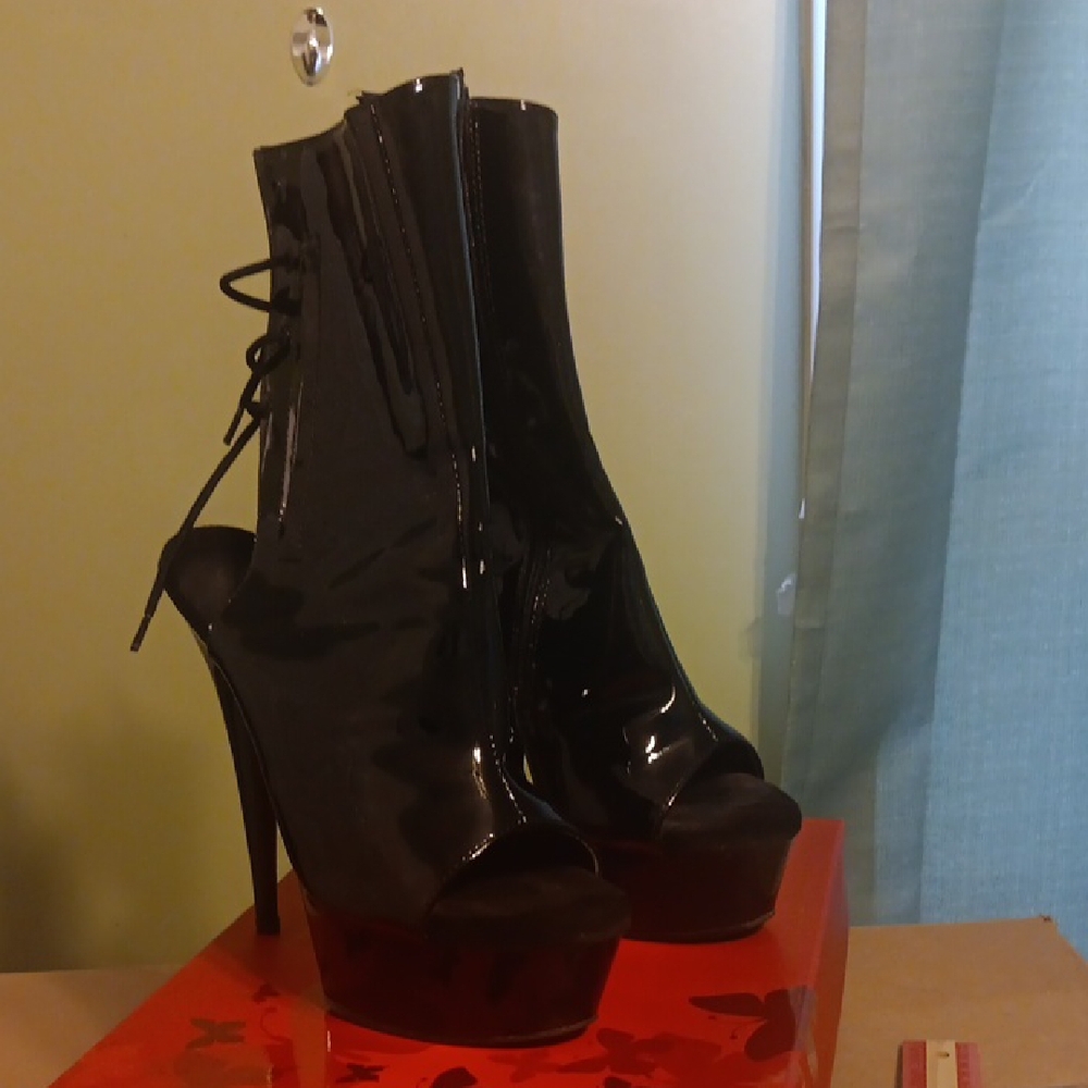 Pleaser Glossy Platform Ankle Boots with Lace Detail